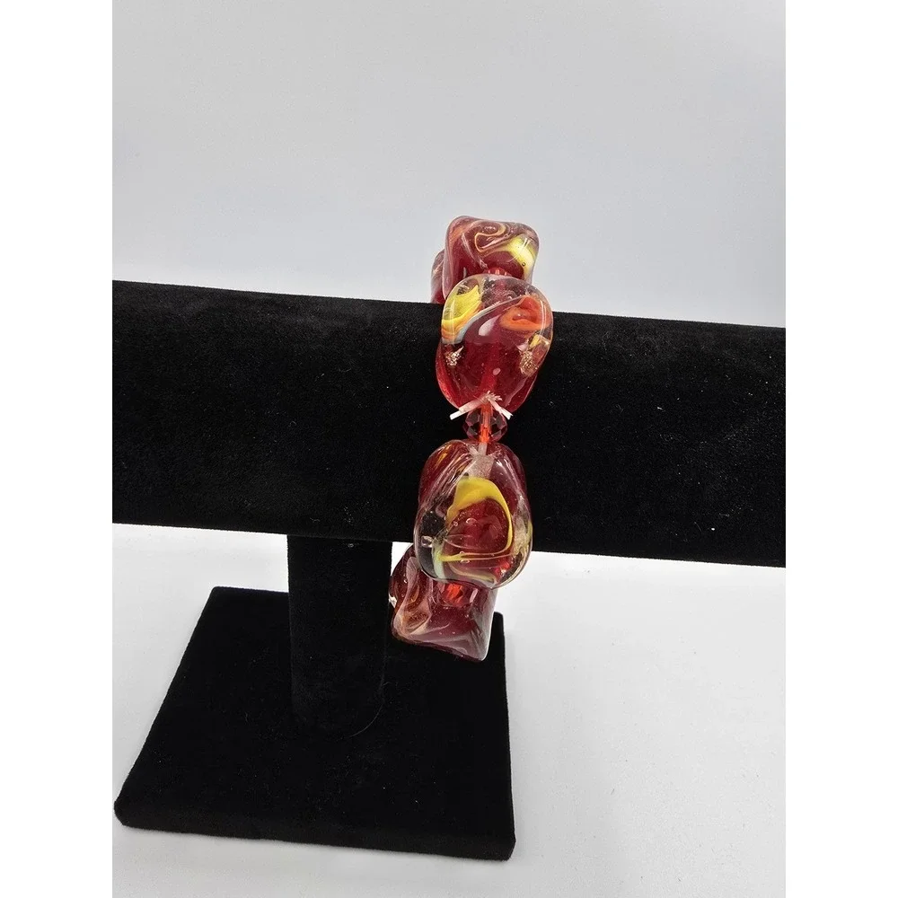 Chunky Red Swirl Art Glass Lamp work Foil Bead Stretch Bracelet‎ Fashion Jewelry